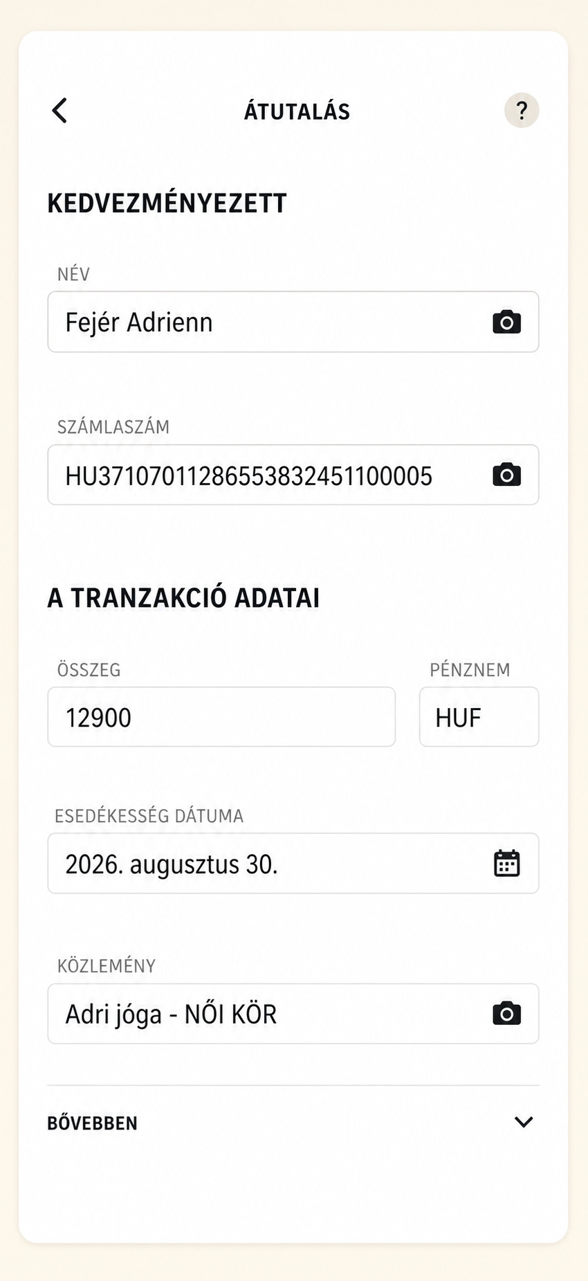 Példa egy banki átutalási képernyő kitöltésére
